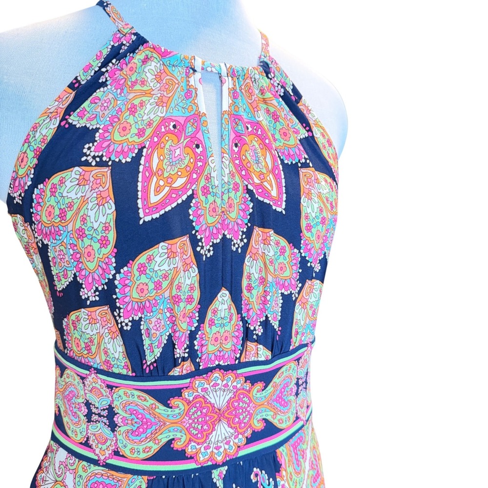 Halterโ Maxi Dress Navy Pink Paisley Medallion Keyhole Size 6 Festival Bohemian